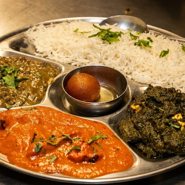 A metal thali plate with rice, dal, butter chicken, saag paneer, and a gulab jamun.