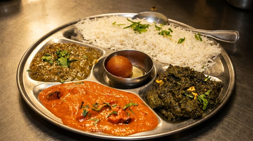 A metal thali plate with rice, dal, palak paneer, butter chicken, and gulab jamun.