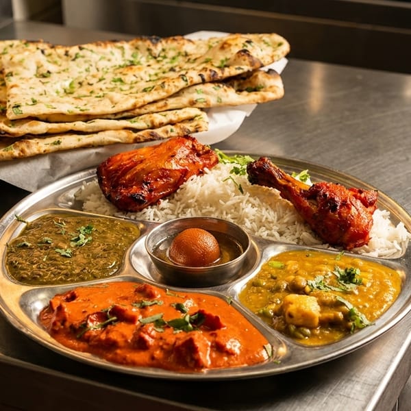 Indian thali platter with chicken, rice, various curries, gulab jamun, and naan bread.
