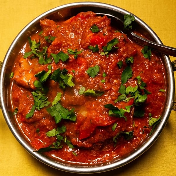 A vibrant red curry, garnished with fresh cilantro, in a metal bowl on a yellow tablecloth.