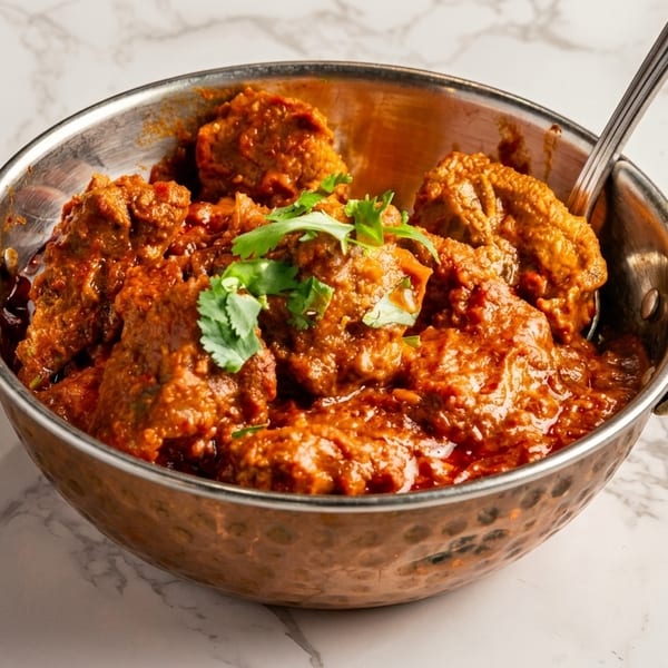 A copper bowl filled with rich, red Indian curry and garnished with fresh cilantro.