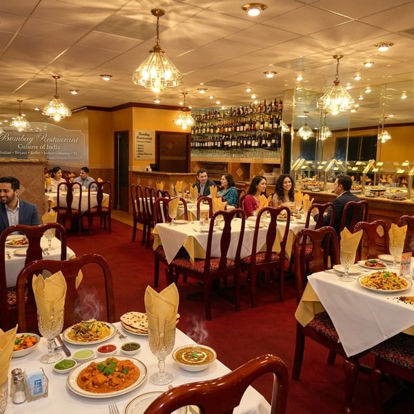 Wide view of the banquet hall set for an event
