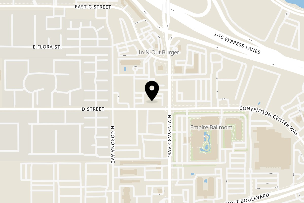 Map showing the location of Bombay Cuisine of India on 405 N Vineyard Ave Suite: A in Ontario